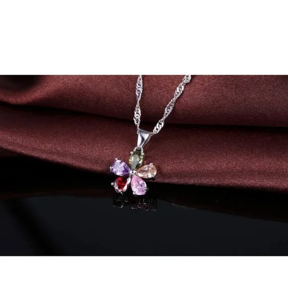 Cute Flower Multi Color 925 Sterling Silver Pendant Earrings And Necklace Set - Picture 3 of 9